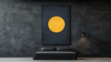 Modern minimalist bedroom interior with a large abstract painting featuring a single yellow circle on a dark background.  Concept of simple elegance, contemporary design, and calm atmosphere.