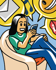 Illustration of someone enjoying their cellphone with social media content