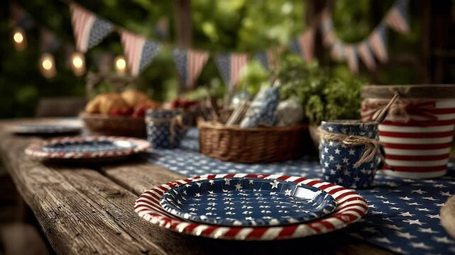 Rustic summer table setting with patriotic tableware and decorations