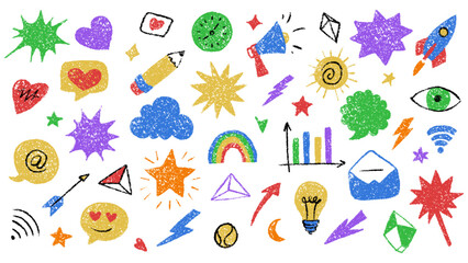 Colorful Crayon Doodle Icons Representing Various Concepts and Symbols