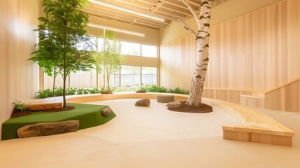 Modern minimalist indoor playground design with birch trees, sand pit, and natural elements.  Concept of child development, nature, and sustainable architecture.