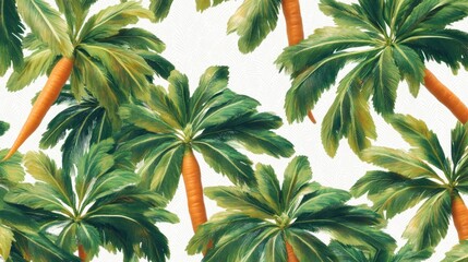 Repeated pattern featuring carrot trunks with palm fronds on a textured off-white background