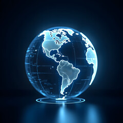Blue earth globe on black, a 3D planet with continents, illustrating global business geography