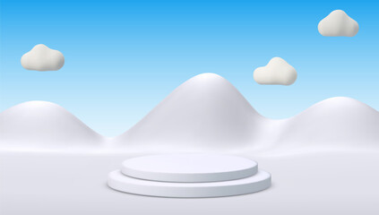 3D Vector Illustration of Minimalistic Snowy Mountains and Blue Platform