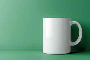 Blank white mug on green background mockup.