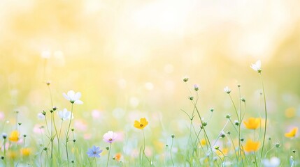 Soft focus image of a spring meadow with colorful wildflowers and a bright, sunny background.  Perfect for spring themes, nature backgrounds, and peaceful imagery.