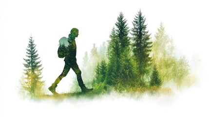 Man Hiking Through Lush Green Forest in Artistic Double Exposure Style