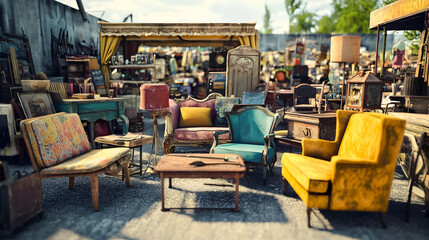 Outdoor Vintage Furniture Display At A Flea Market