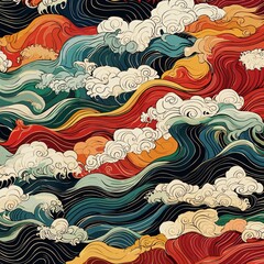 Dynamic waves of colorful lines and swirling clouds in japanese art photography captured in a contemporary coastal environment aesthetic perspective