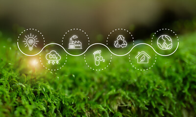 Sustainability Innovation Concept. A visual representation of sustainability innovation, featuring eco-friendly icons;  renewable energy, recycling, CO2 reduction and green industry.