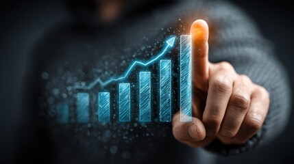 Close-up of man’s finger touching a glowing digital growth chart with blue neon bars perfect for financial presentations, business growth concepts and futuristic UI or fintech branding