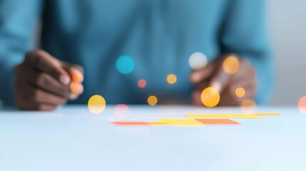 Blurred image of hands arranging colorful sticky notes on a table. Concept of planning, strategy, brainstorming, and project management.