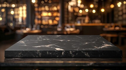 Elegant Black Marble Surface in Cozy Restaurant Atmosphere