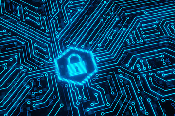 Blue glowing padlock icon inside a hexagon connected to an electronic circuit board. Illustration of the concept of cybersecurity and data encryption