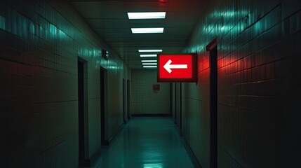 Dimly Lit Hallway with Red Exit Sign Pointing to the Left