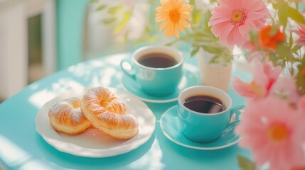 Cozy Morning Scene with Coffee, Pastry, and Fresh Flowers