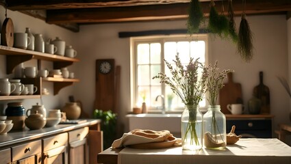Fototapeta premium Sunlit rustic kitchen with lavender in glass jars and hanging herbs