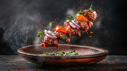 Juicy Grilled Chicken Skewers with Vegetables and Spices in Air