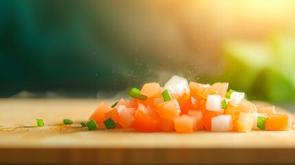 Freshly chopped salmon and onion on a wooden cutting board, ready for cooking.  Healthy food, cooking ingredients concept.