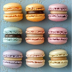 Delightful macarons in pastel colors bakery showcase food photography bright studio environment aesthetic presentation gourmet treats
