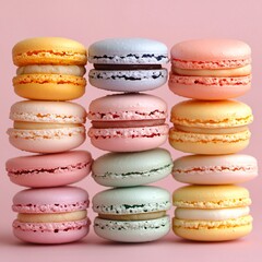 Delightful pastel macarons showcase bakery display food photography soft color palette close-up culinary art