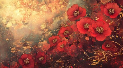 Vibrant Red Flowers Against a Golden Abstract Background