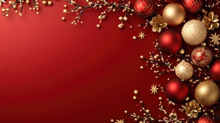 Elegant Red and Gold Christmas Ornament Arrangement on Red Background