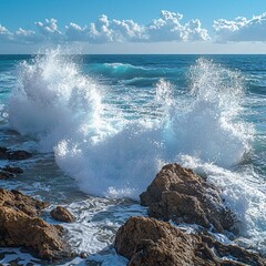 Ocean waves crashing on rocky shoreline coastal region photostock image vibrant blue skies and dynamic water motion scenic viewpoint natural beauty concept