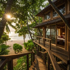 Wooden Beach House Overlooking Tropical Ocean at Sunset