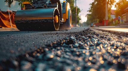 Road Roller Compacting Asphalt: New Road Construction & Paving
