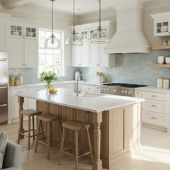 Fototapeta premium Bright Modern Kitchen Interior with White Cabinets and Light Wood Island