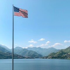 Waving american flag scenic lake view photostock image natural landscape outdoor perspective patriotism concept