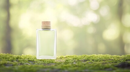 Glass bottle of essential oil on moss with blurred forest background.  Concept of natural beauty, aromatherapy, and wellness.