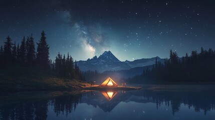 Beautiful night nature with fog, comfortable backpacking and camping scenery with bonfires and tents in mountains and valley lakes in deep forests, and wood fires burning in an emotional atmosphere