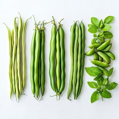 Fresh green beans variety display kitchen countertop food photography natural light close-up view healthy eating inspiration