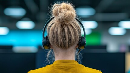 Customer service representative wearing headset