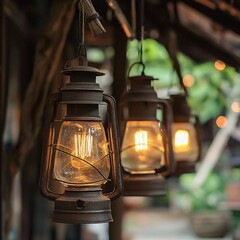 Vintage lanterns illuminating a charming alley nostalgic decor in a quaint village captured at dusk with warm tones