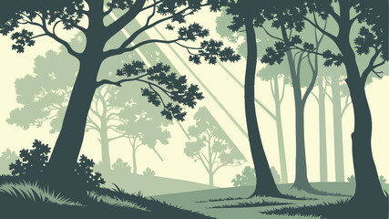 Morning Light Filtering Through Dense Forest Trees - vector, peaceful atmosphere