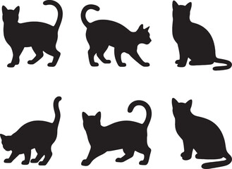 Six silhouettes of cats in different poses