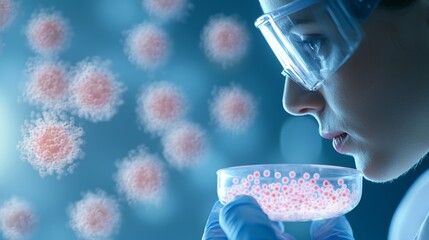 Close up of a scientist carefully examining a petri dish containing a virus sample.  Research, science, healthcare, and medical breakthroughs concept.