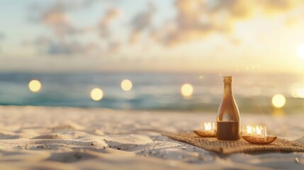 Romantic beach sunset scene with wine bottle and glasses on the sand.  Perfect for travel, vacation, and relaxation concepts.