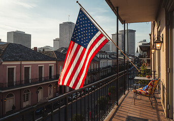 A vibrant American flag billows in the breeze, seen from a balcony overlooking a street lined with historic New Orleans buildings.