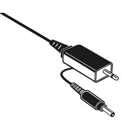 Black and white drawing of a power adapter with a barrel connector