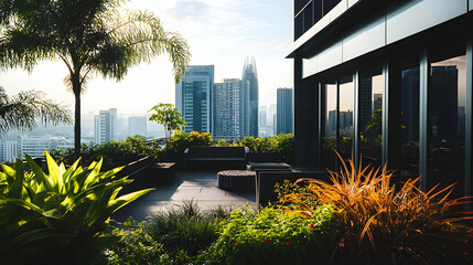 Urban Garden Rooftop Serenity Amidst City Skyline Lush Greenery and Modern Architecture with Comfortable Seating