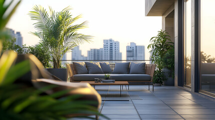 Balcony Urban Oasis Modern Sofa and Cityscape, Luxury Outdoor Living with Lush Tropical Plants and Sleek Design, Quiet Relaxation Space