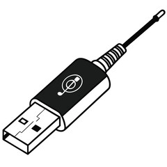 Black and white illustration of a USB adapter with music note icon