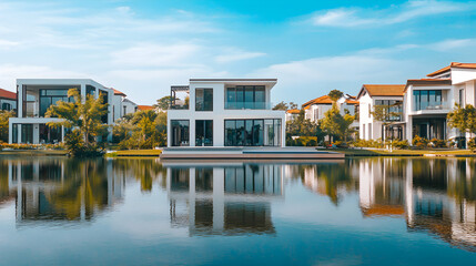 Modern Waterfront Home Reflections Minimalist White Architecture Estate Living Sunny Day