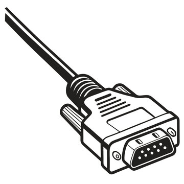 Black and white illustration of a serial cable with nine pin connector