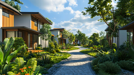 Modern Luxury Villa Exterior with Lush Green Landscape on Sunny Day