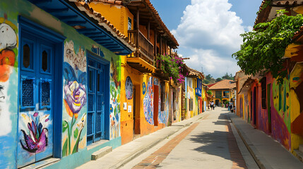Colorful Bogota Street Art, vibrant facades and cobblestone street in La Candelaria, Colombia with painted murals on buildings